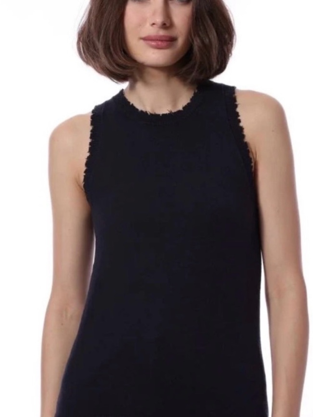 MINNIEROSE Frayed-Trim Navy Blue Ribbed Tank Top- Med- cotton/cashmere